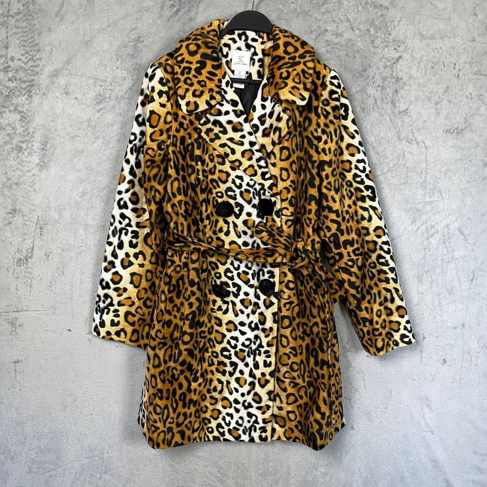 Sara Campbell Leopard Print Double Breasted Belted Faux Fur Coat Size M